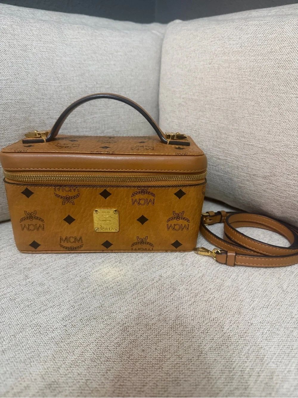 MCM Cognac Logo Visetos Leather Vanity Bag with Gold Hardware